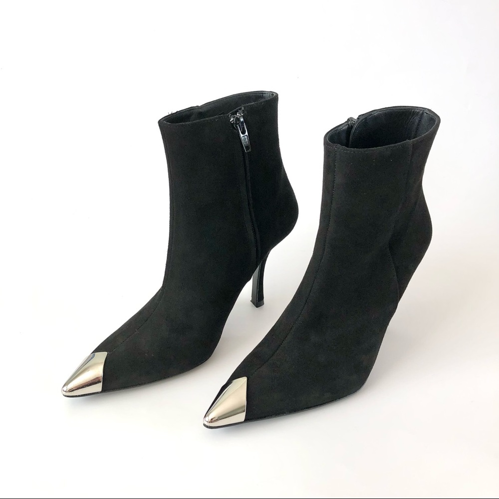 Flattered x Viktoria Rader Viky Black Suede Pointed Cap Toe Heeled Ankle Boots 6